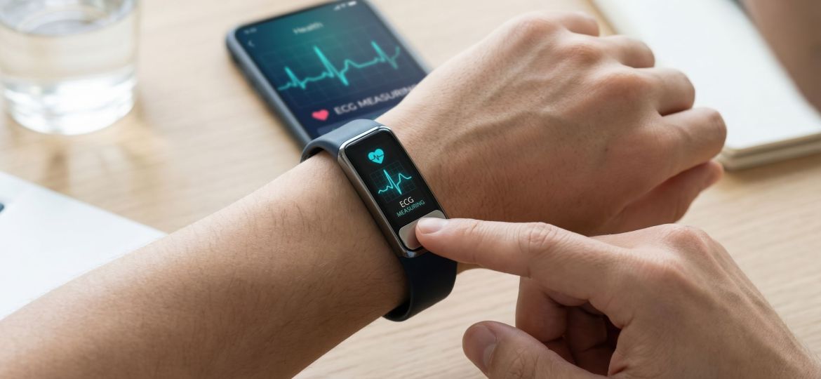 A man's hand interacts with a smartwatch showing ECG data, paired with a smartphone health app. This depicts modern health monitoring and digital wellness. Ideal for tech or medical content.