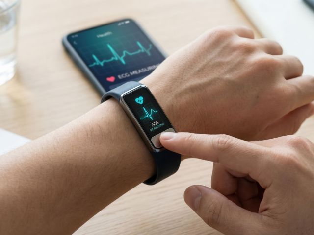 A man's hand interacts with a smartwatch showing ECG data, paired with a smartphone health app. This depicts modern health monitoring and digital wellness. Ideal for tech or medical content.
