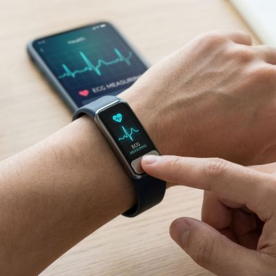 A man's hand interacts with a smartwatch showing ECG data, paired with a smartphone health app. This depicts modern health monitoring and digital wellness. Ideal for tech or medical content.